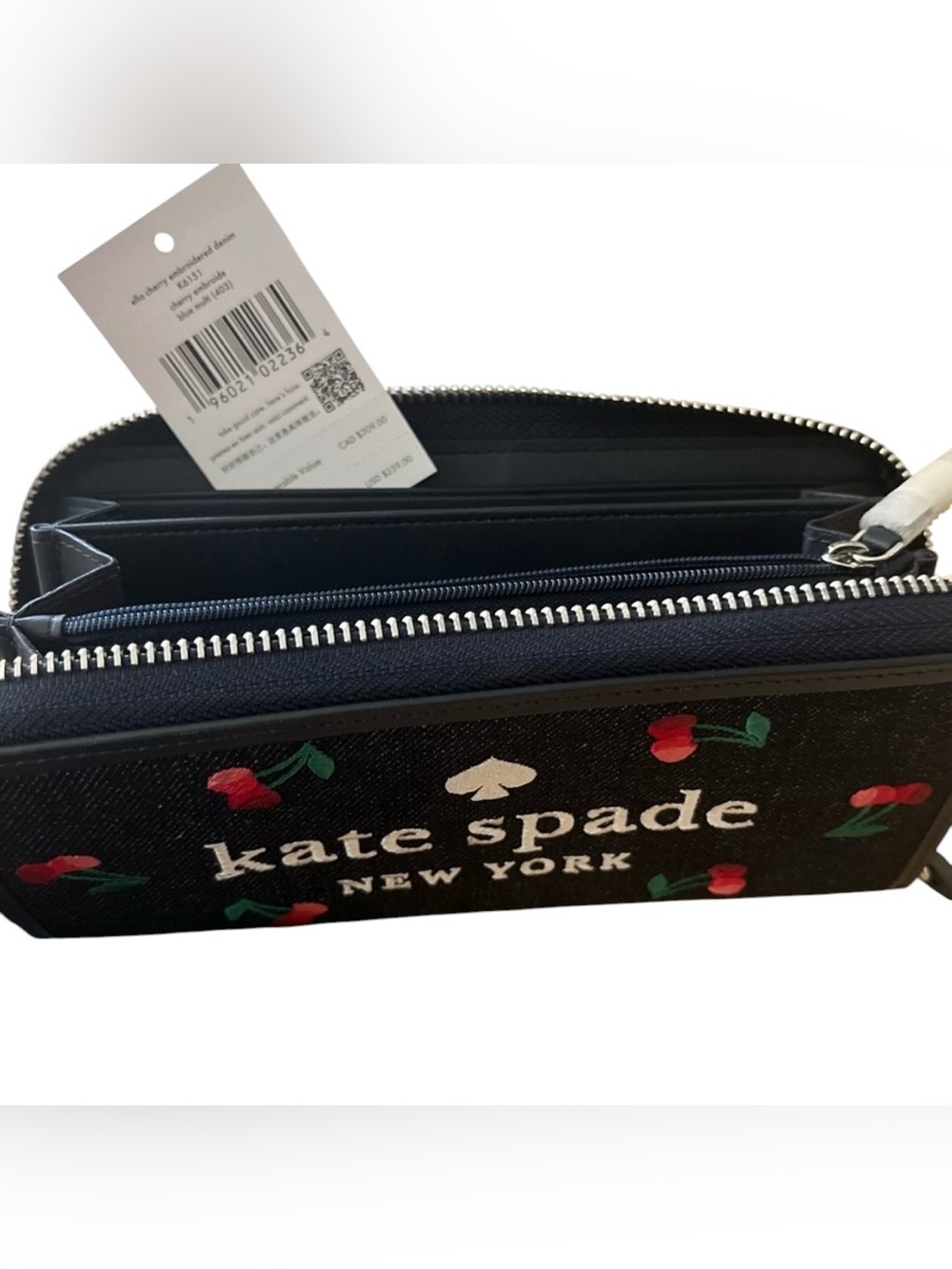 Kate Spade Ella Large Cherry Continental Wallet Embroidered Denim Blue $259 NWT - Picture 2 of 6